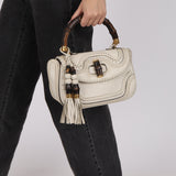 Gucci White Calfskin Whipstitch New Bamboo Medium Top Handle Bag