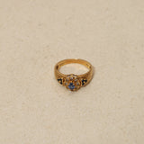 Vintage 18K Yellow Gold Sapphire and Diamond Flower Halo Ridged Ring, Size US 4