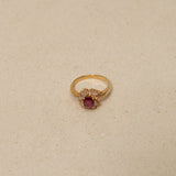 1980's 18K Yellow Gold Ruby and Diamond Askew Halo Ring, Size US 6.25