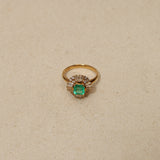 1990's 18K Yellow Gold Emerald & White Sapphire Wavy Solitaire Ring, Size US 6.25