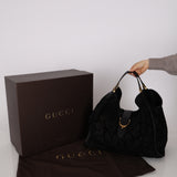 Gucci Black Brocade Suede and Leather Soft Stirrup Hobo