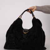 Gucci Black Brocade Suede and Leather Soft Stirrup Hobo