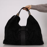 Gucci Black Brocade Suede and Leather Soft Stirrup Hobo