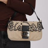 Fendi Natural Linen Floral Embroidered Baguette