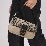 Fendi Natural Linen Floral Embroidered Baguette