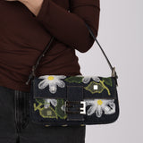 Fendi Dark Denim Floral Mesh Appliqué Baguette