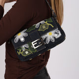 Fendi Dark Denim Floral Mesh Appliqué Baguette
