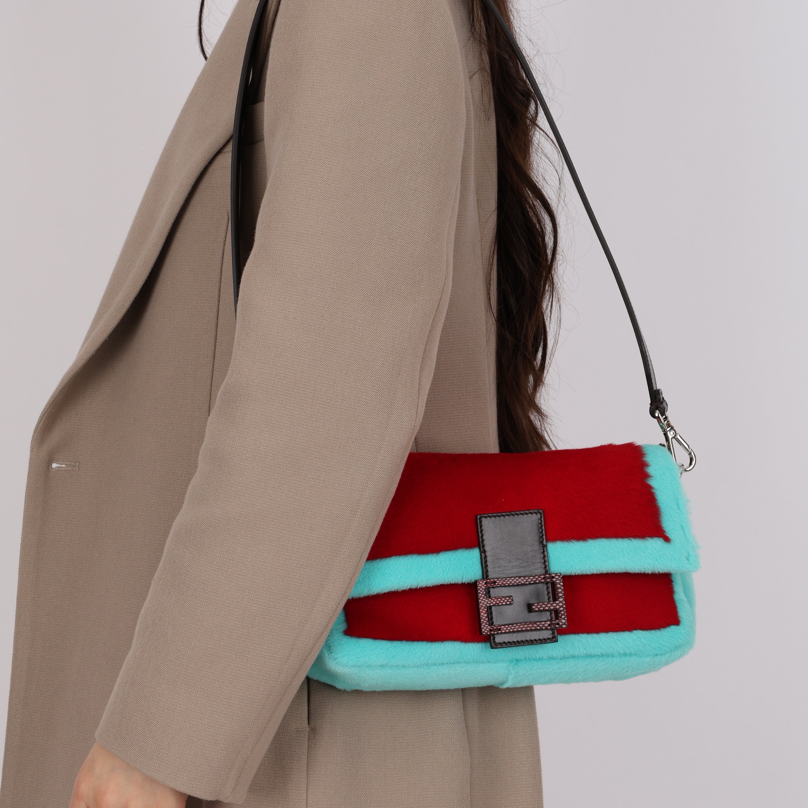 Rare Fendi 25th Anniversary Paget Sheepskin Multicolor Lizard Baguette