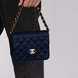 Chanel 1987 Navy Satin Square Flap Bag 24K GP
