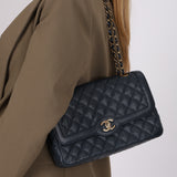Chanel 2016 Navy Crumpled Caviar Two-Tone Small Flap Bag