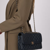 Chanel 2016 Navy Crumpled Caviar Two-Tone Small Flap Bag
