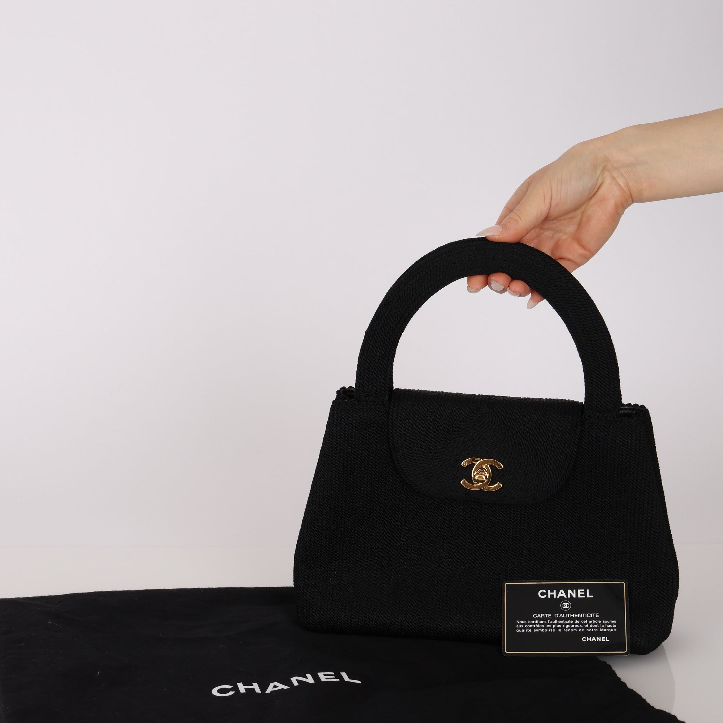 Ultra-Rare Chanel Turnlock Kelly Black Silk Rope 1998 24K GP