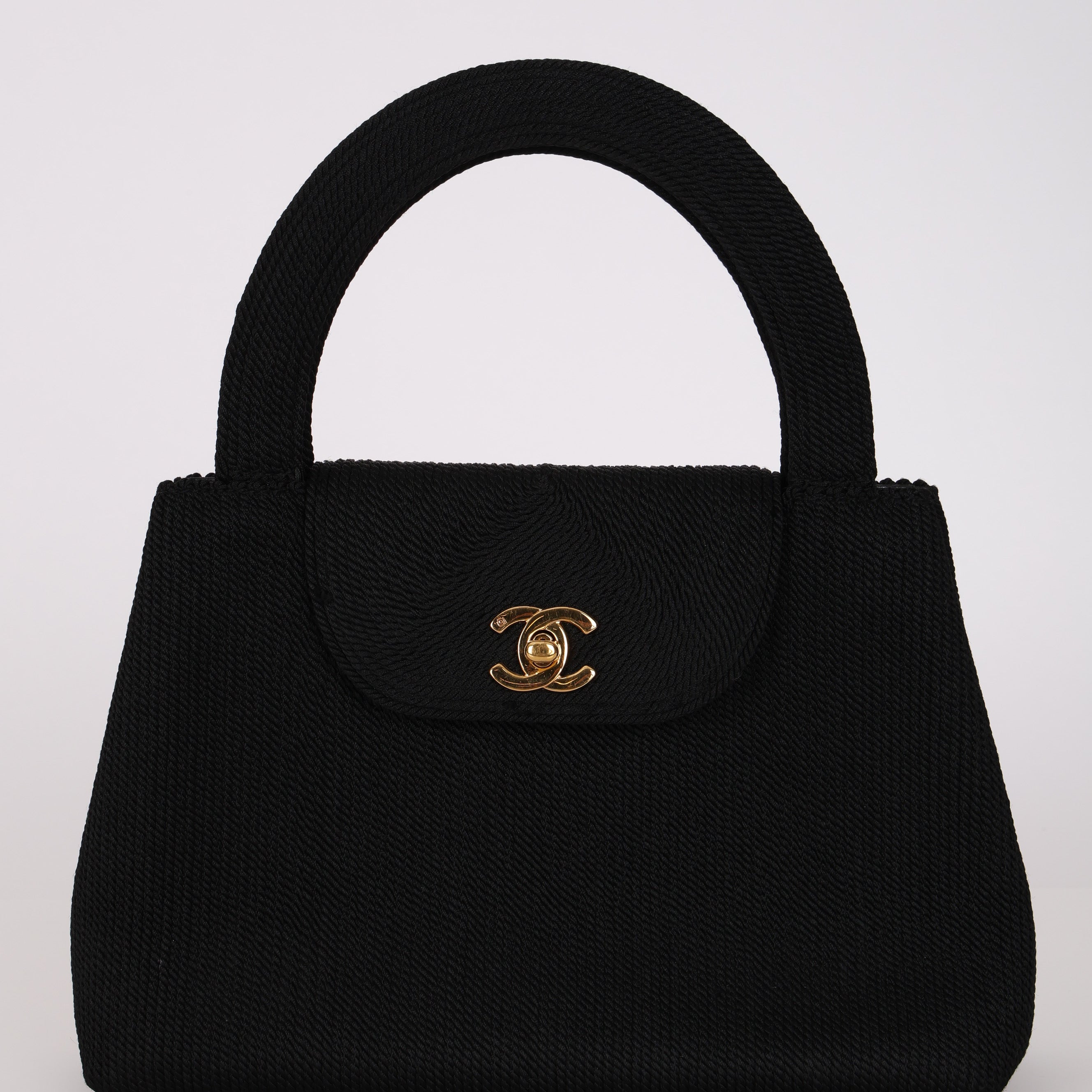 Ultra-Rare Chanel Turnlock Kelly Black Silk Rope 1998 24K GP