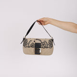 Fendi Natural Linen Floral Embroidered Baguette