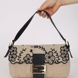 Fendi Natural Linen Floral Embroidered Baguette