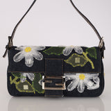 Fendi Dark Denim Floral Mesh Appliqué Baguette