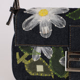 Fendi Dark Denim Floral Mesh Appliqué Baguette