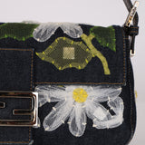 Fendi Dark Denim Floral Mesh Appliqué Baguette