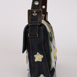 Fendi Dark Denim Floral Mesh Appliqué Baguette