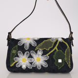 Fendi Dark Denim Floral Mesh Appliqué Baguette