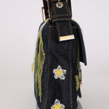 Fendi Dark Denim Floral Mesh Appliqué Baguette