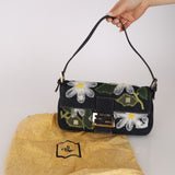 Fendi Dark Denim Floral Mesh Appliqué Baguette