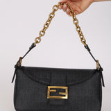 Fendi Charcoal Zucchino Coated Canvas Double Flap Baguette