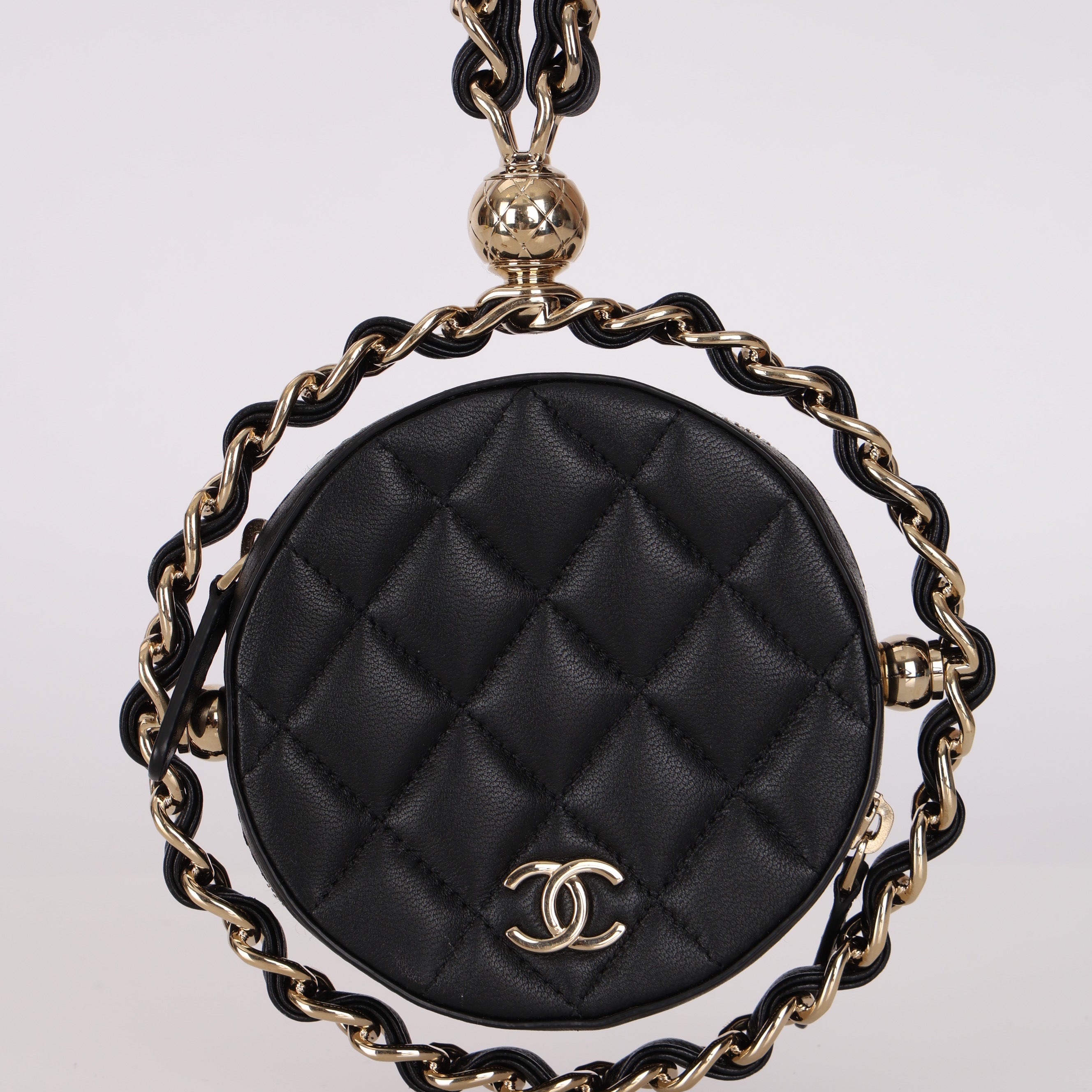 Chanel 2021 Black Lambskin Chain Around Round Clutch