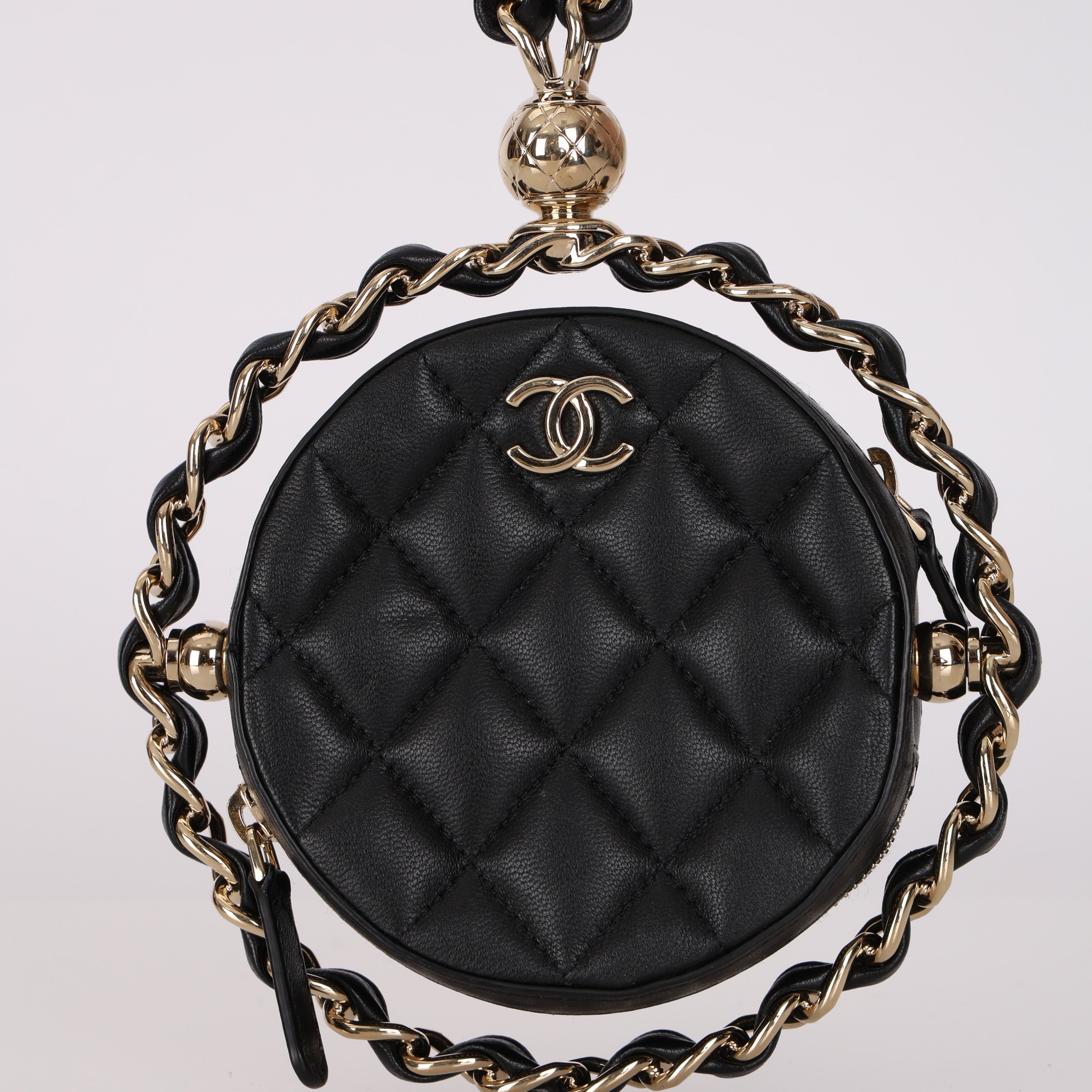 Chanel 2021 Black Lambskin Chain Around Round Clutch