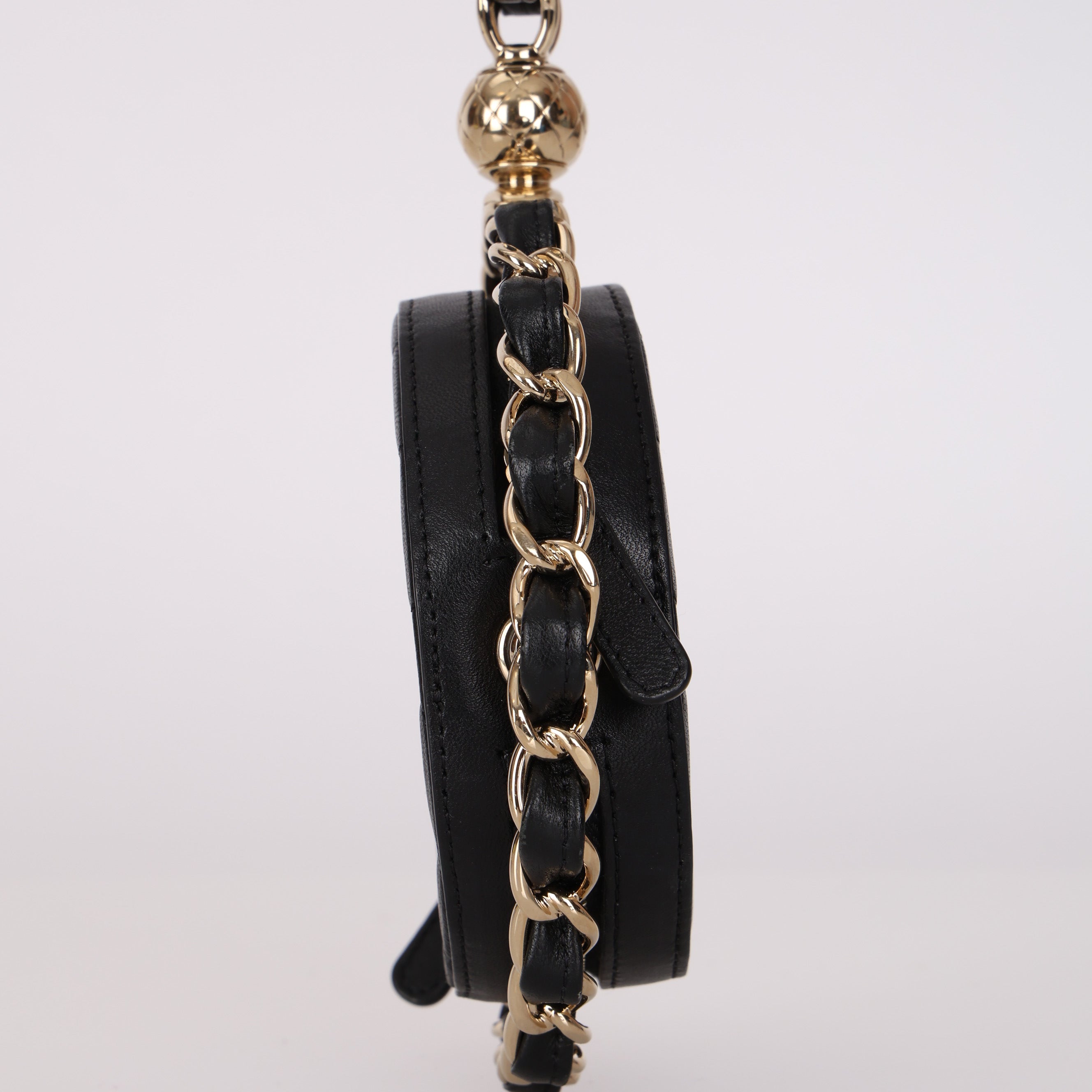 Chanel 2021 Black Lambskin Chain Around Round Clutch