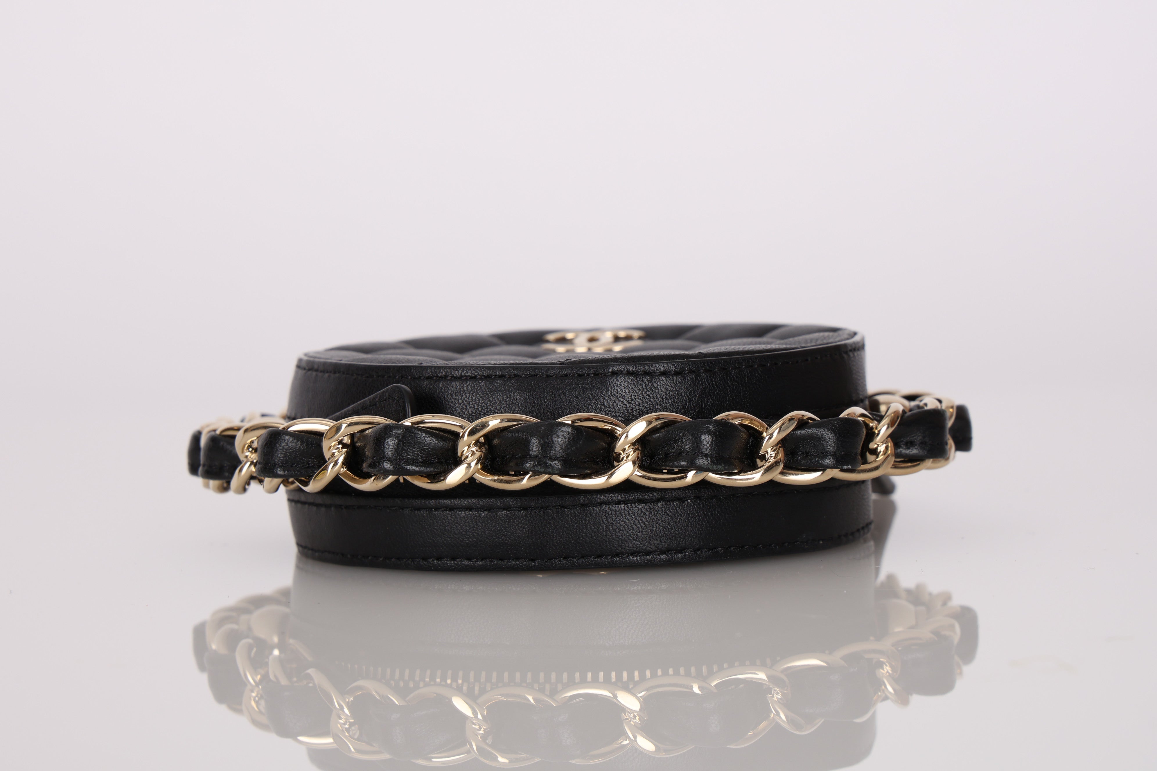 Chanel 2021 Black Lambskin Chain Around Round Clutch