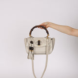 Gucci White Calfskin Whipstitch New Bamboo Medium Top Handle Bag