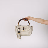 Gucci White Calfskin Whipstitch New Bamboo Medium Top Handle Bag