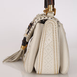Gucci White Calfskin Whipstitch New Bamboo Medium Top Handle Bag