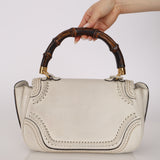Gucci White Calfskin Whipstitch New Bamboo Medium Top Handle Bag