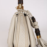 Gucci White Calfskin Whipstitch New Bamboo Medium Top Handle Bag
