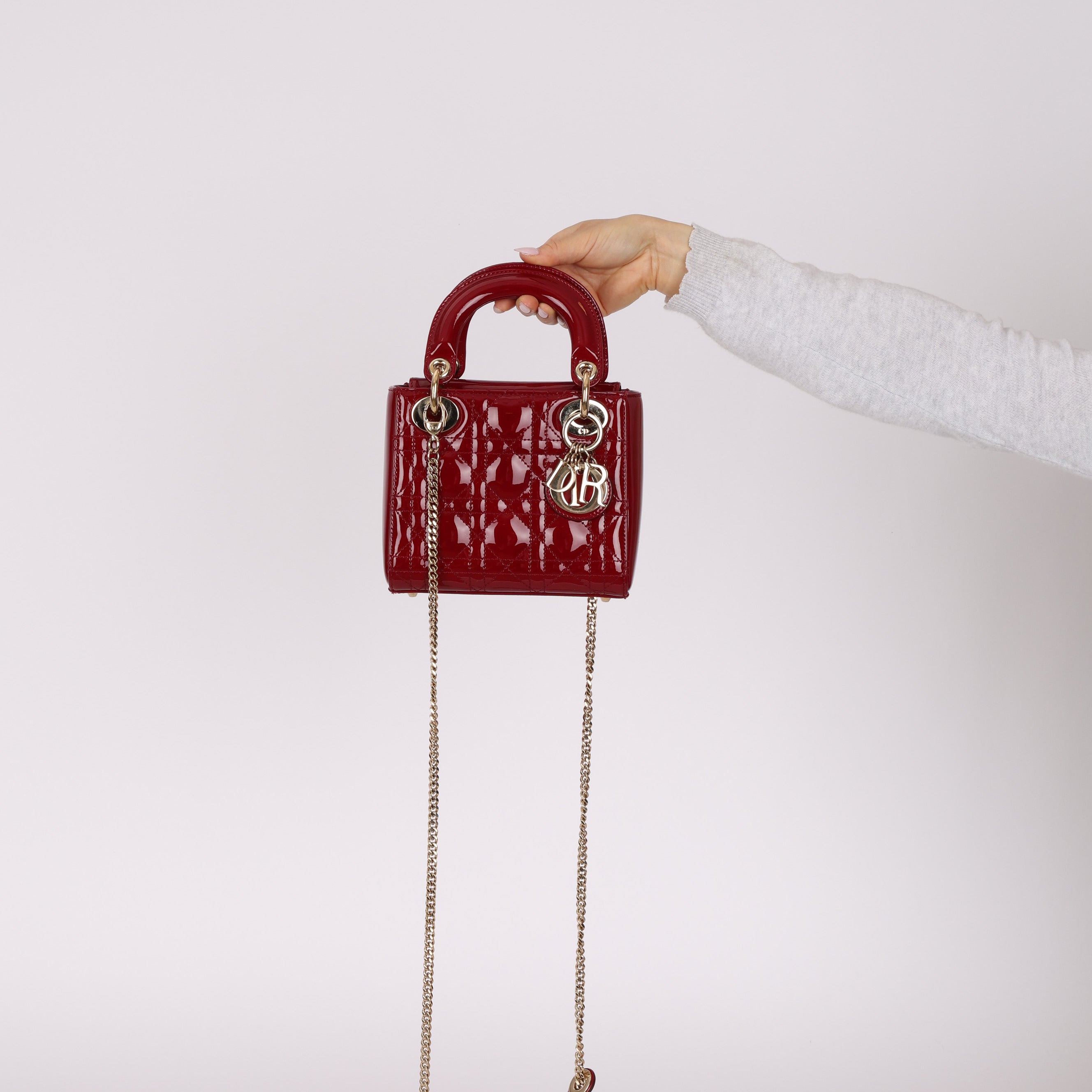 Dior 2019 Red Cannage Patent Chain Mini Lady Bag