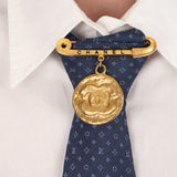 Chanel 1994 Logo Safety Pin and Medallion Brooch 24K GP