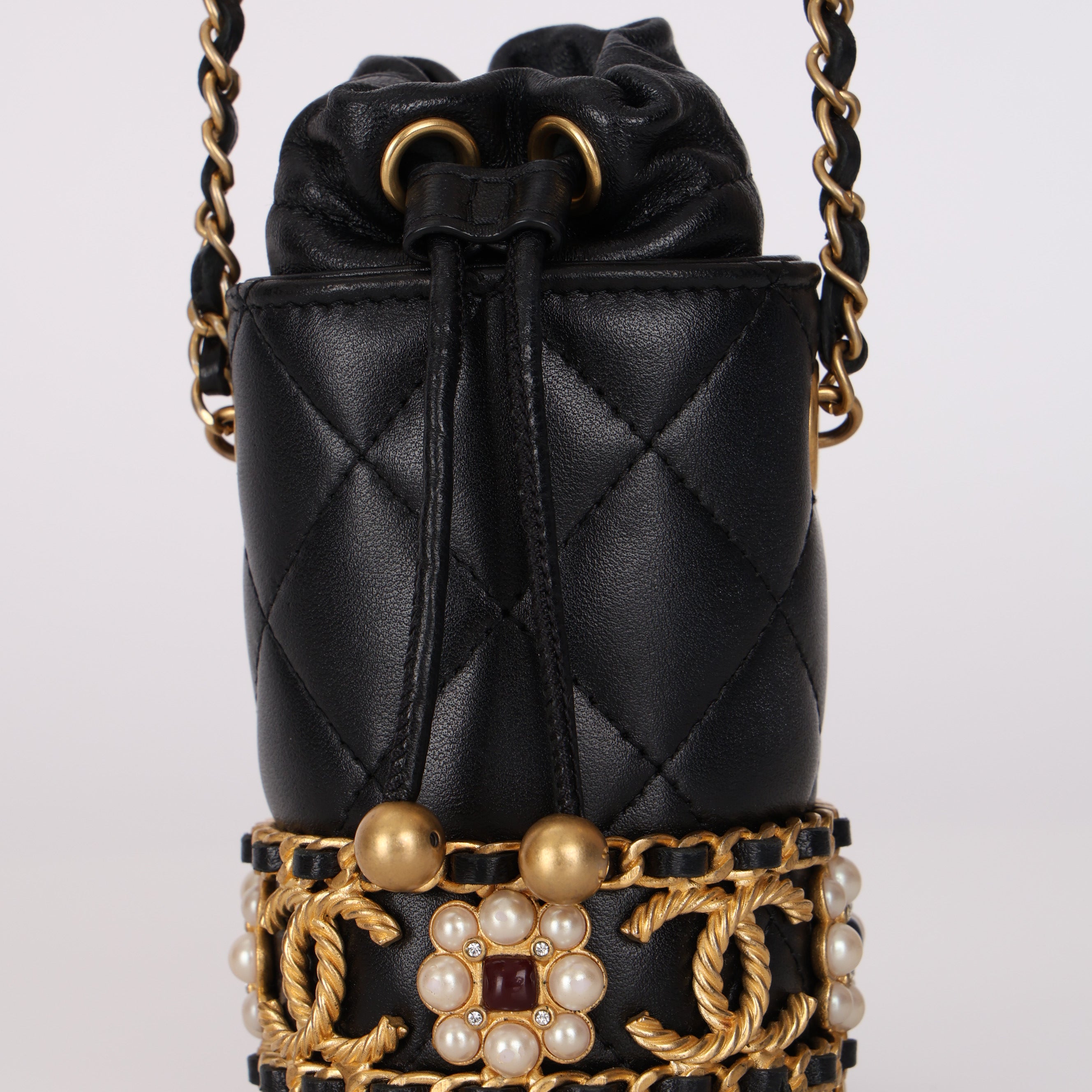 Ultra-Rare Chanel 2021 Drawstring Pearl Gripoix Flower Mini Bucket Bag