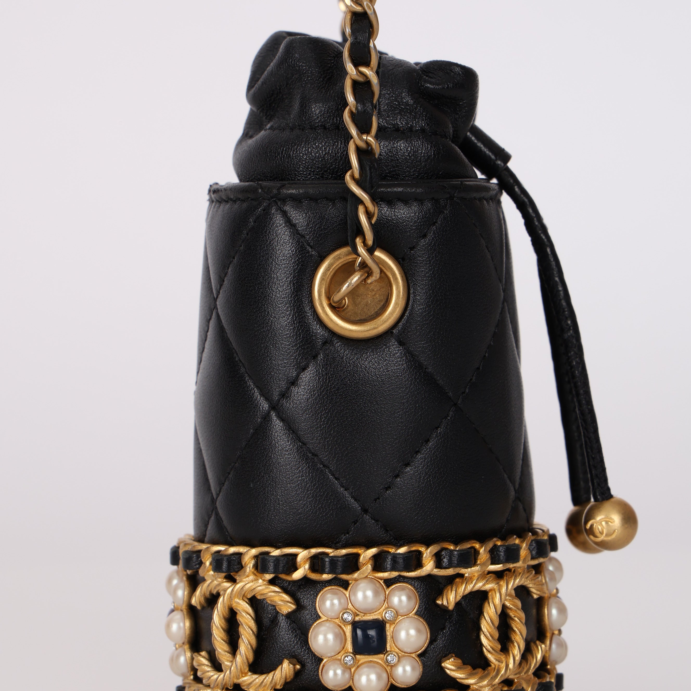 Ultra-Rare Chanel 2021 Drawstring Pearl Gripoix Flower Mini Bucket Bag