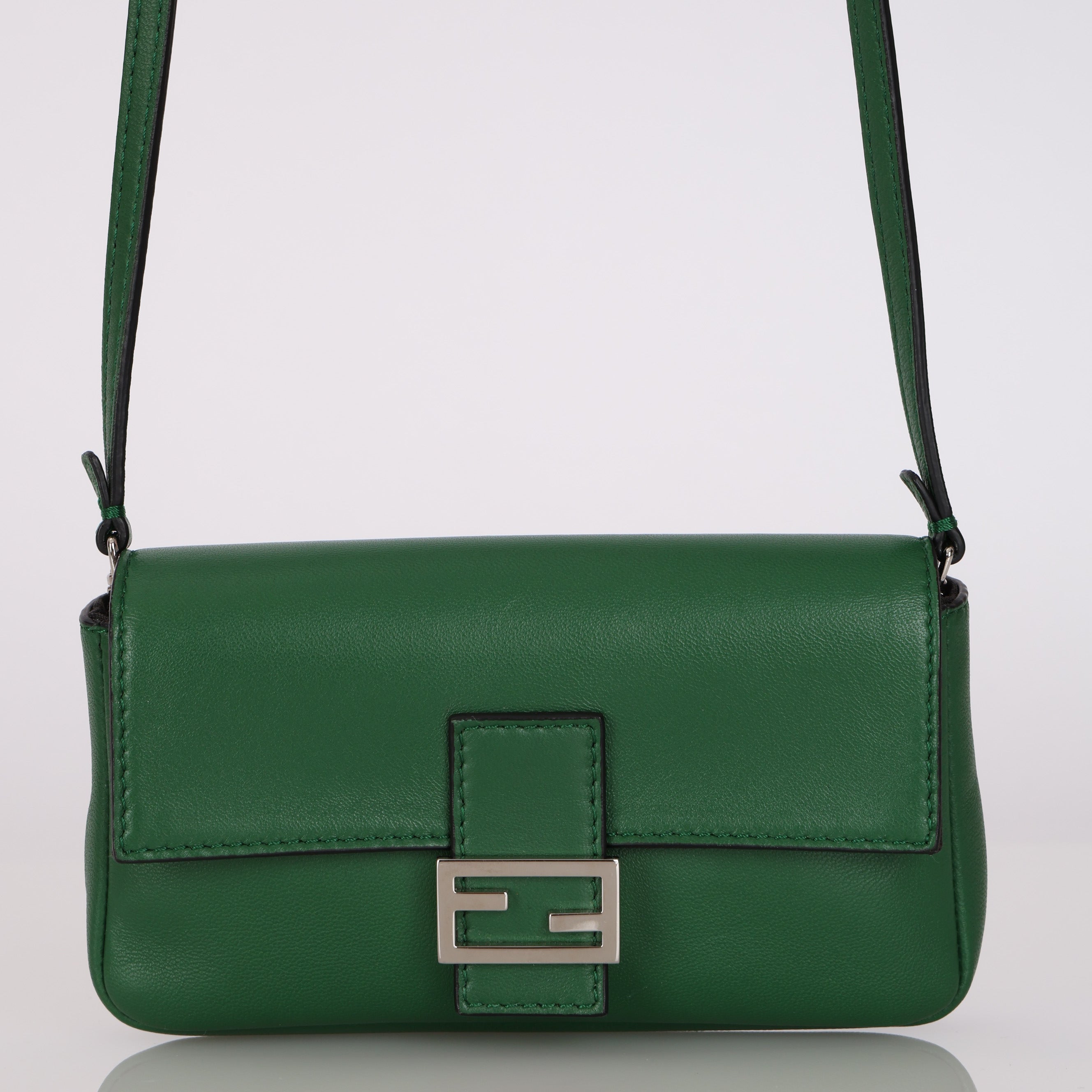 Fendi Green Leather Mini Baguette Crossbody Bag