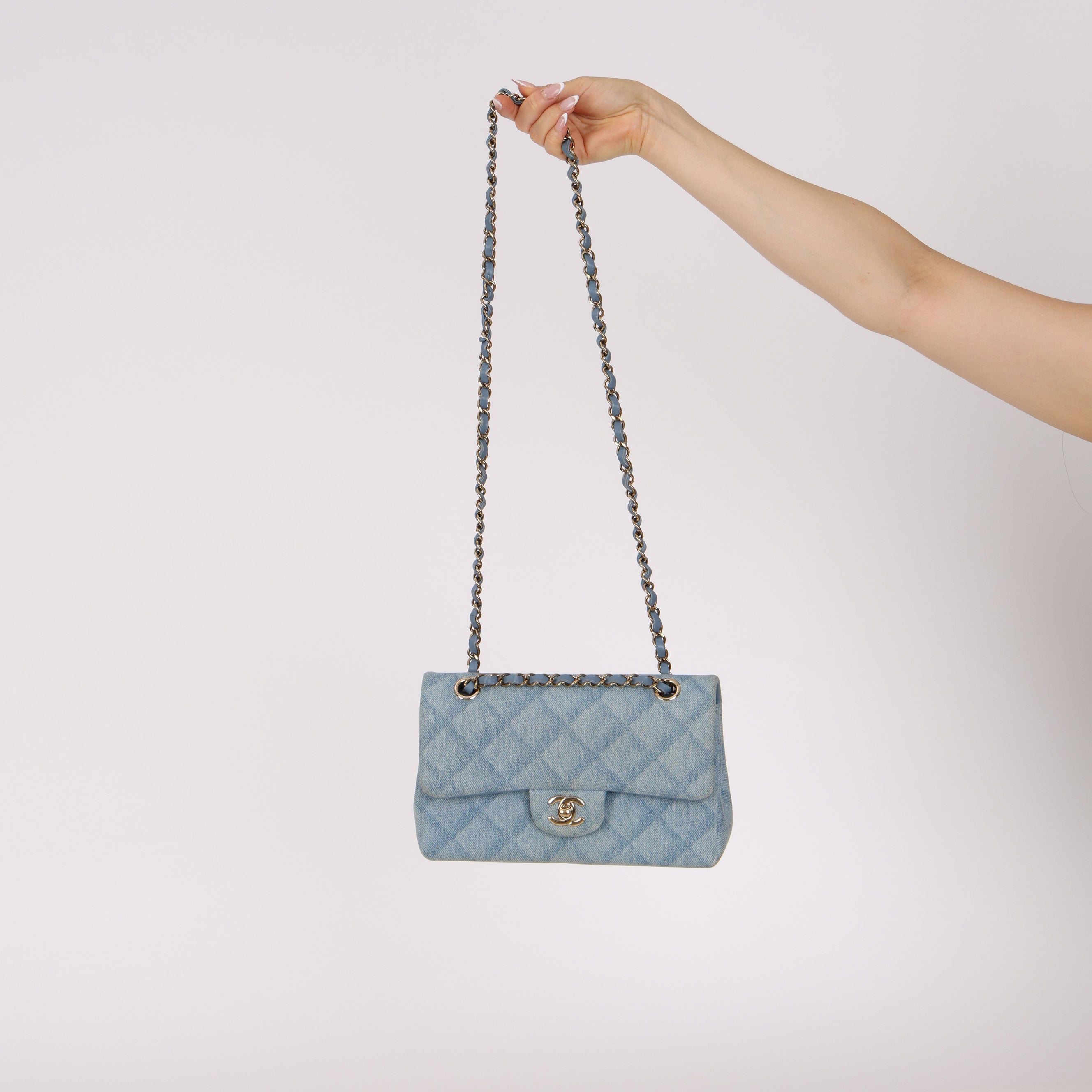 Chanel 22B Quilted Small Denim Classic Double Flap GHW