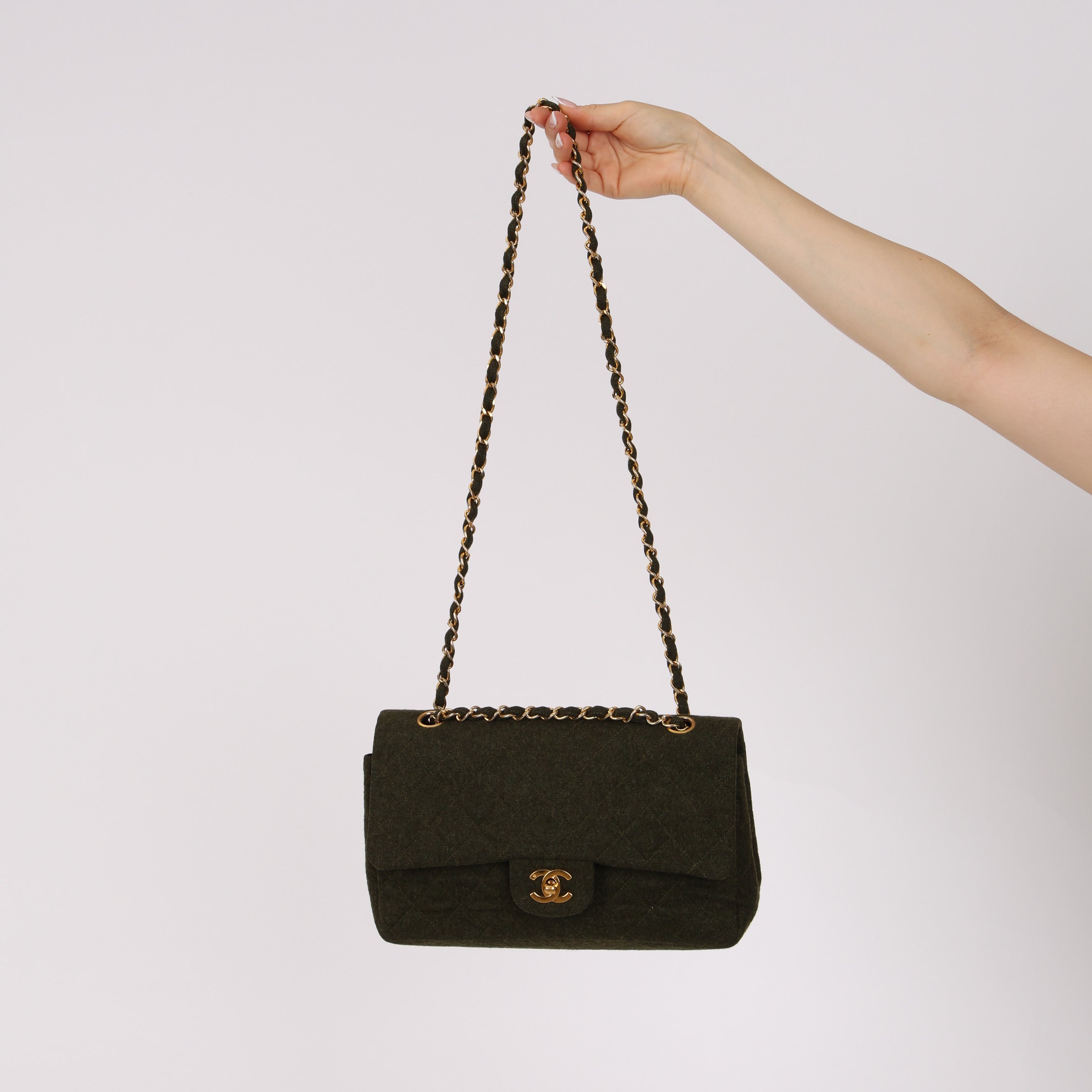 Rare Chanel 1987 Green Wool Medium Classic Flap 24KGP