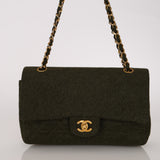 Rare Chanel 1987 Green Wool Medium Classic Flap 24KGP