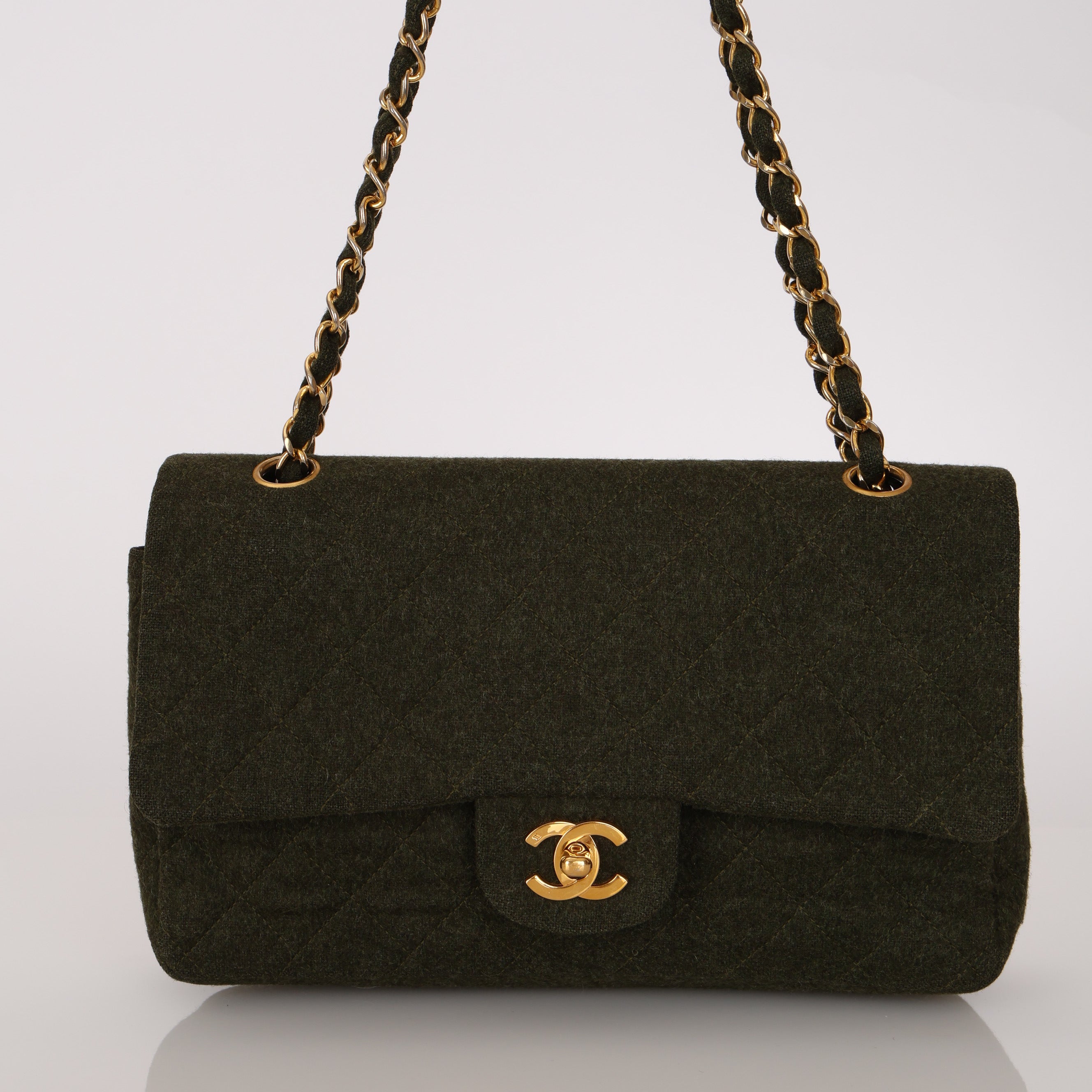 Rare Chanel 1987 Green Wool Medium Classic Flap 24KGP