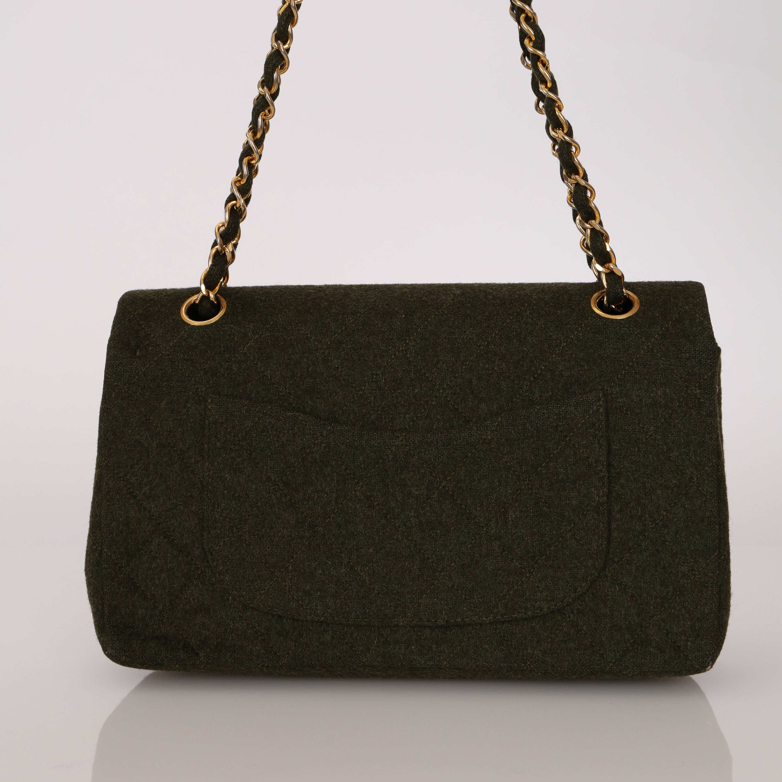 Rare Chanel 1987 Green Wool Medium Classic Flap 24KGP