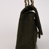 Rare Chanel 1987 Green Wool Medium Classic Flap 24KGP