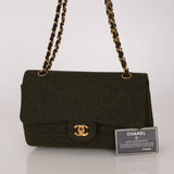 Rare Chanel 1987 Green Wool Medium Classic Flap 24KGP