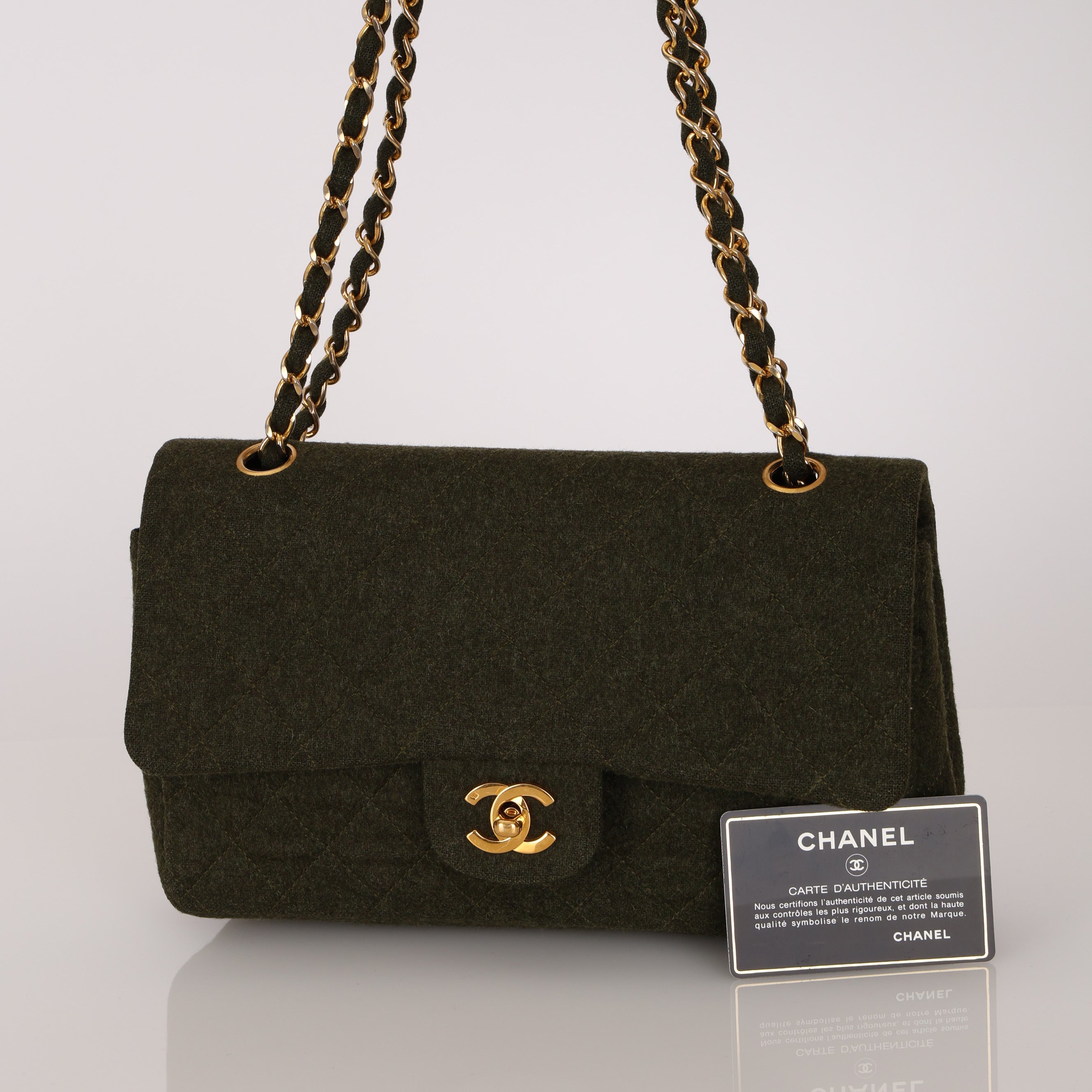 Rare Chanel 1987 Green Wool Medium Classic Flap 24KGP