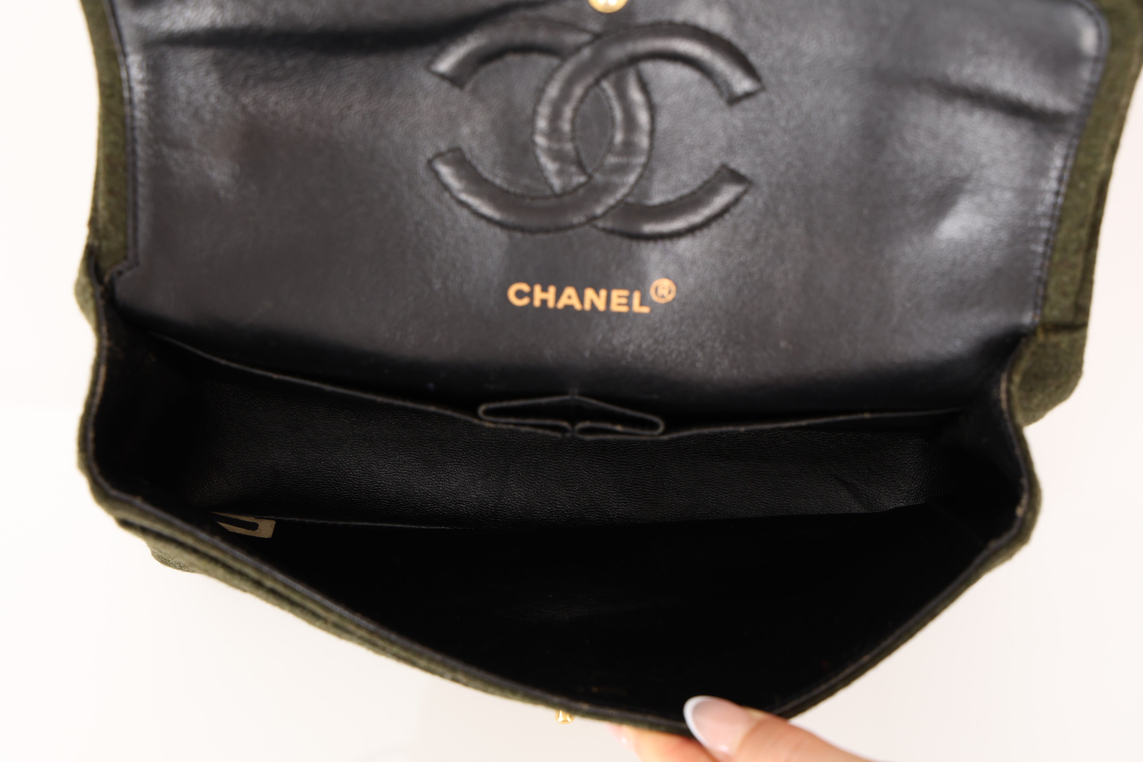 Rare Chanel 1987 Green Wool Medium Classic Flap 24KGP